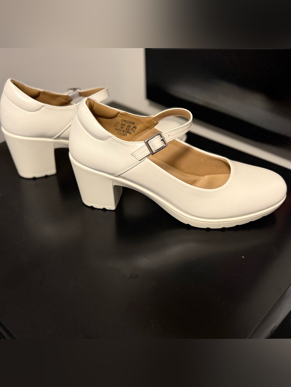 Classic White Mary Jane Block Heel Pumps